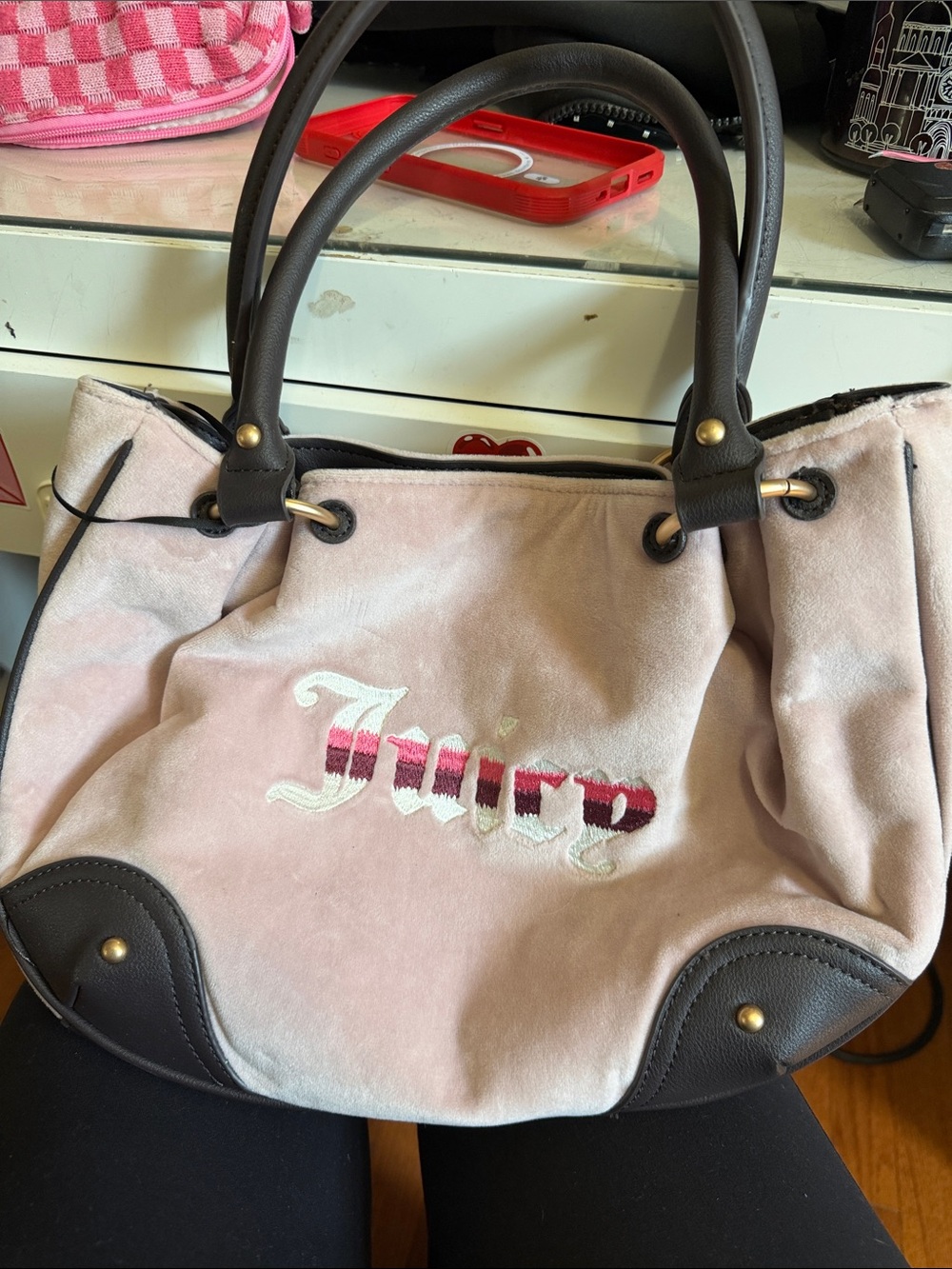 Pink Suede Tote Bag with Dark Brown Handles